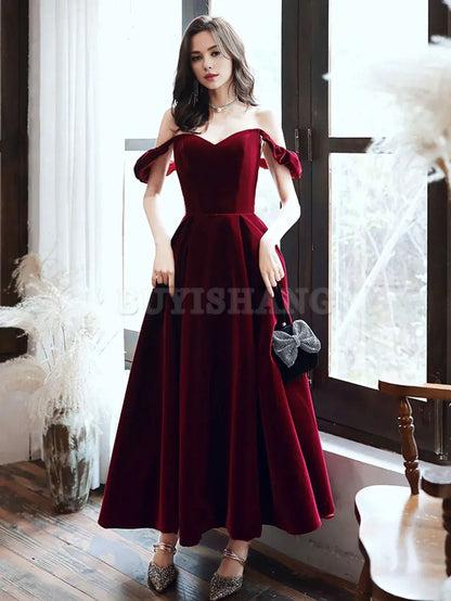 Buyishang Simple Velvet Tea Length Prom Dresses Burgundy Velvet Evening Dresses Bridesmaid dress shop