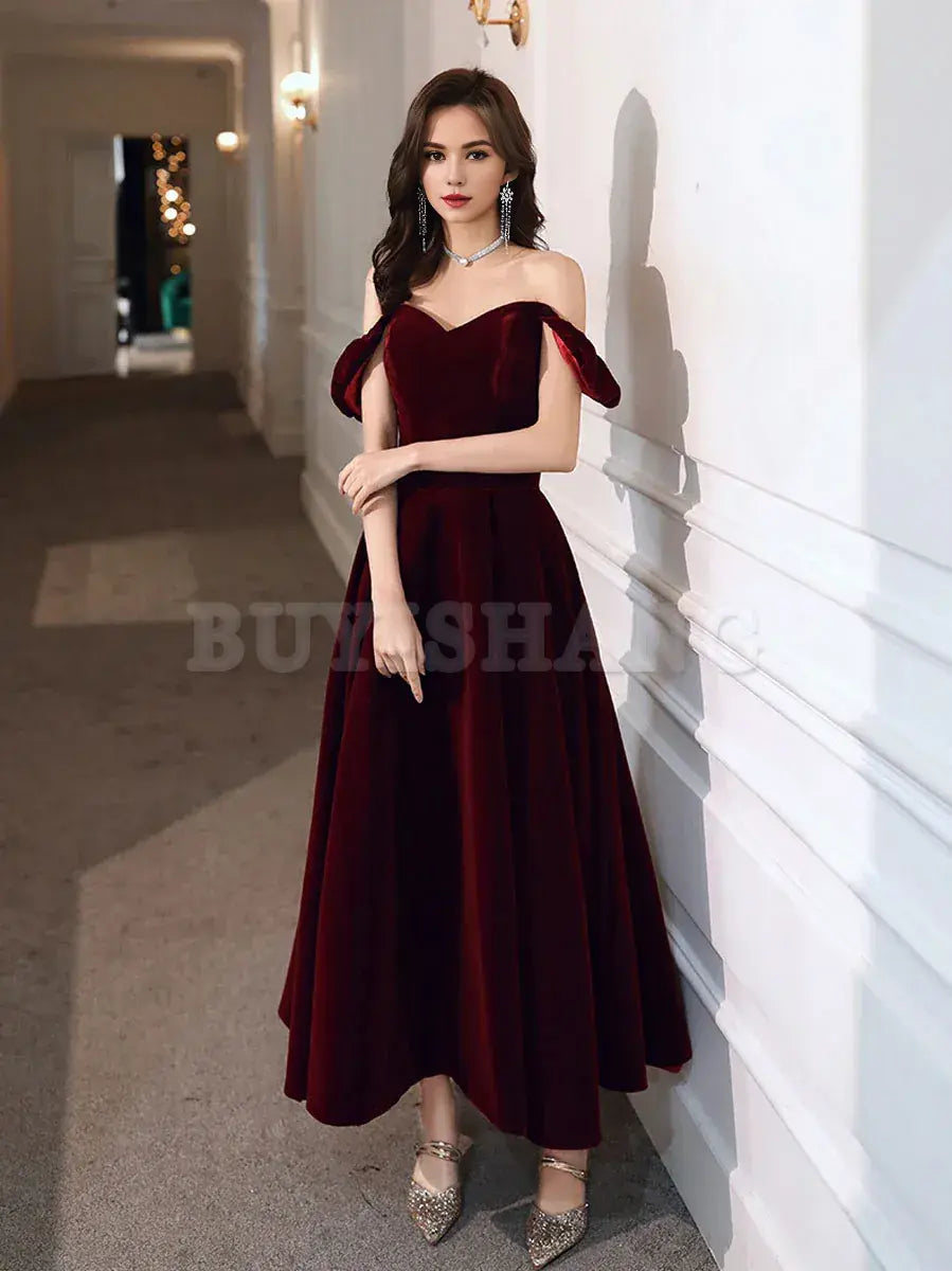 Buyishang Simple Velvet Tea Length Prom Dresses Burgundy Velvet Evening Dresses Bridesmaid dress shop