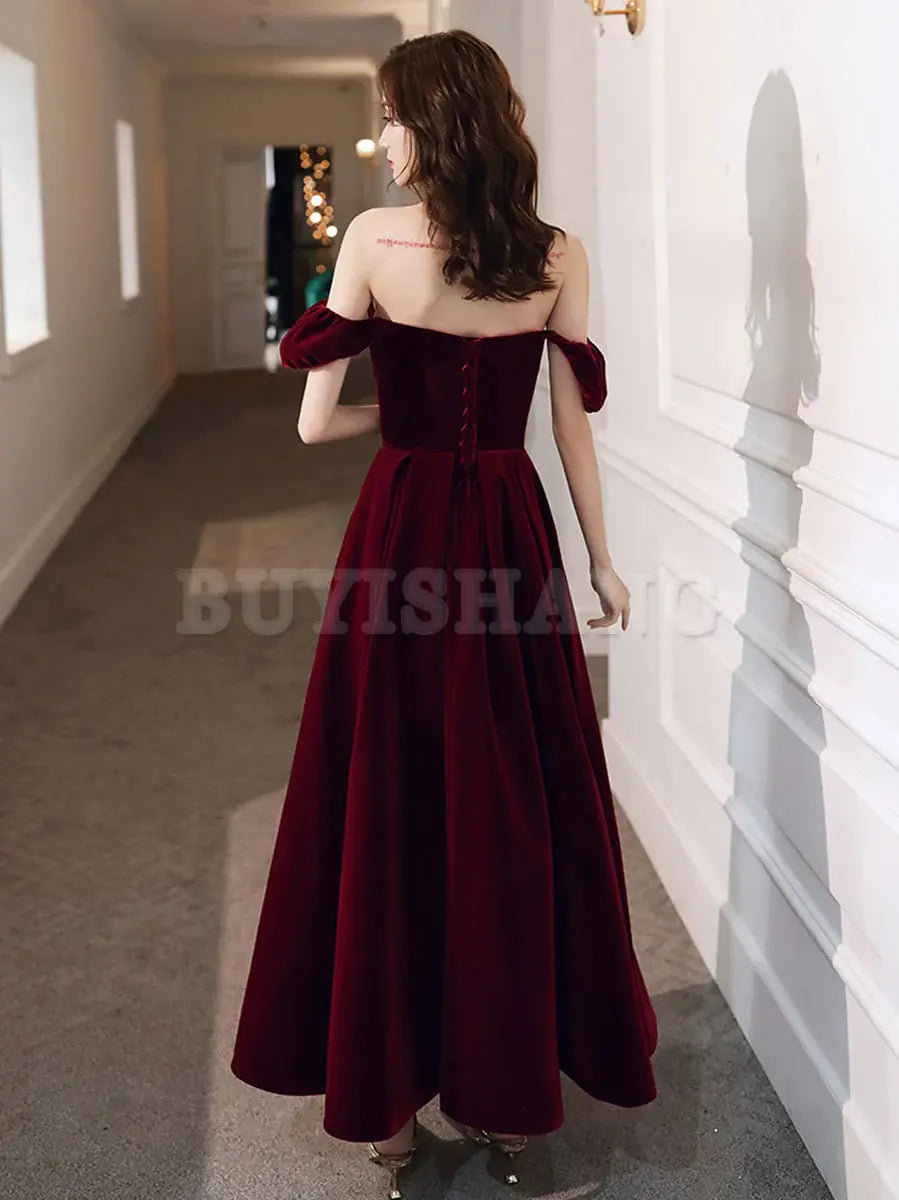 Buyishang Simple Velvet Tea Length Prom Dresses Burgundy Velvet Evening Dresses Bridesmaid dress shop