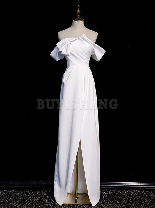 Buyishang Simple White Off Shoulder Satin Long Prom Dress White Long Formal Dress Bridesmaid dress shop