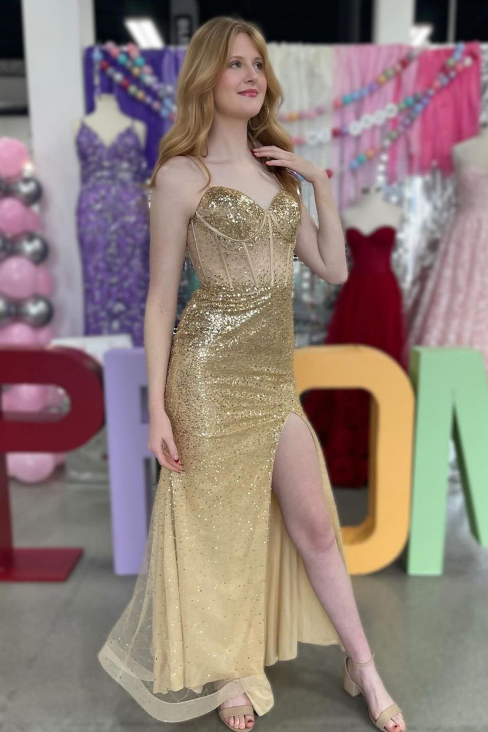 Sparkly Gold Mermaid Spaghetti Straps Long Prom Dress With Split