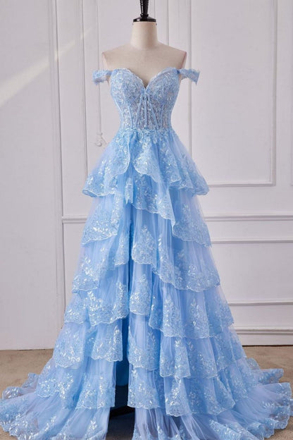 Sparkly Light Blue A-Line Off The Shoulder Long Prom Dress With Slit