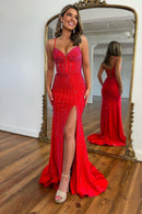 Gorgeous Red Spaghetti Straps Mermaid Long Beaded Prom Dress