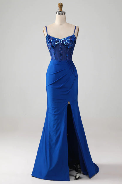 Sparkly Royal Blue Off The Shoulder Mermaid Long Prom Dress With Sequin