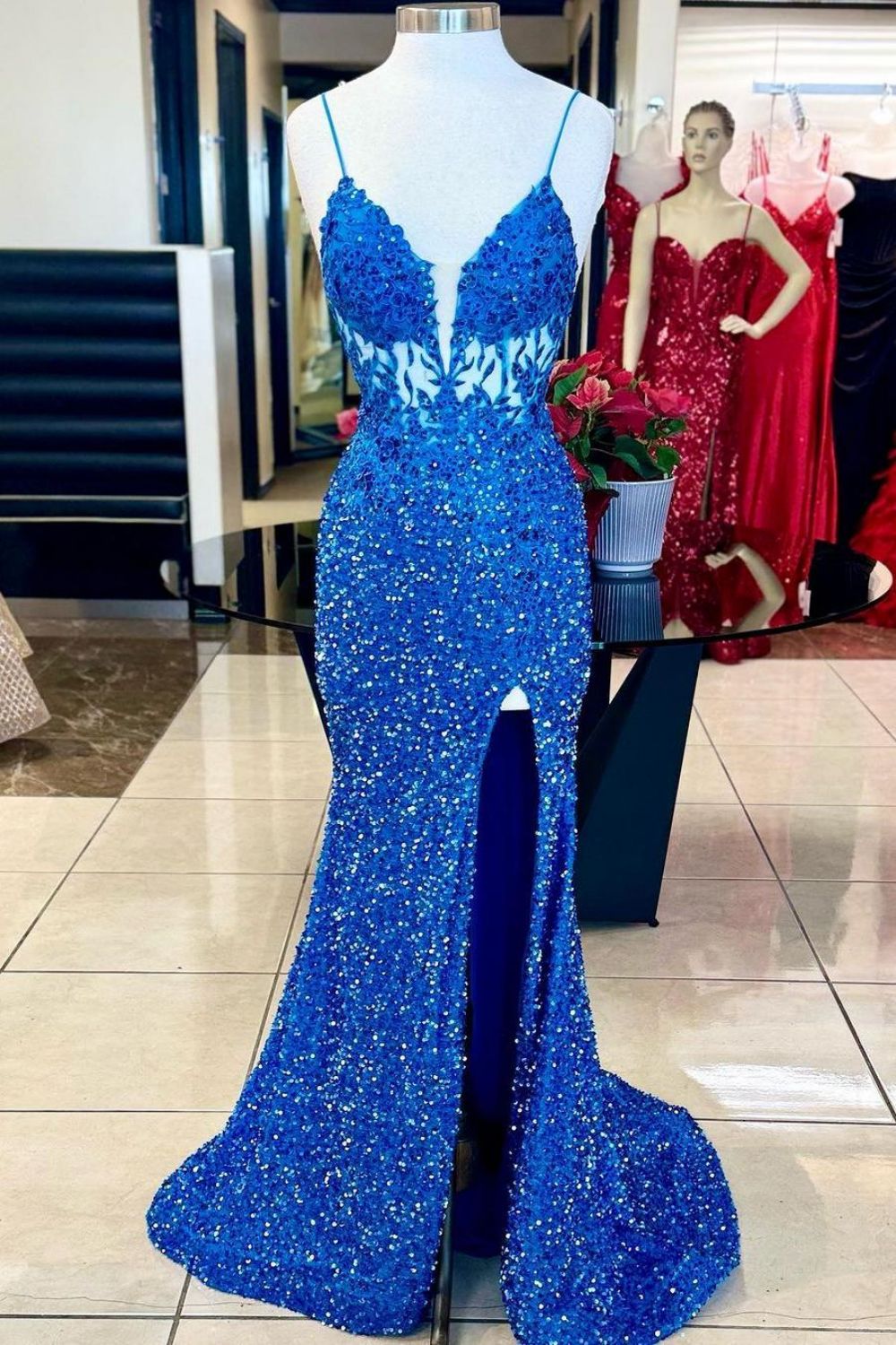 Sparkly Sequin Mermaid Spaghetti Straps Long Prom Dress With Slit