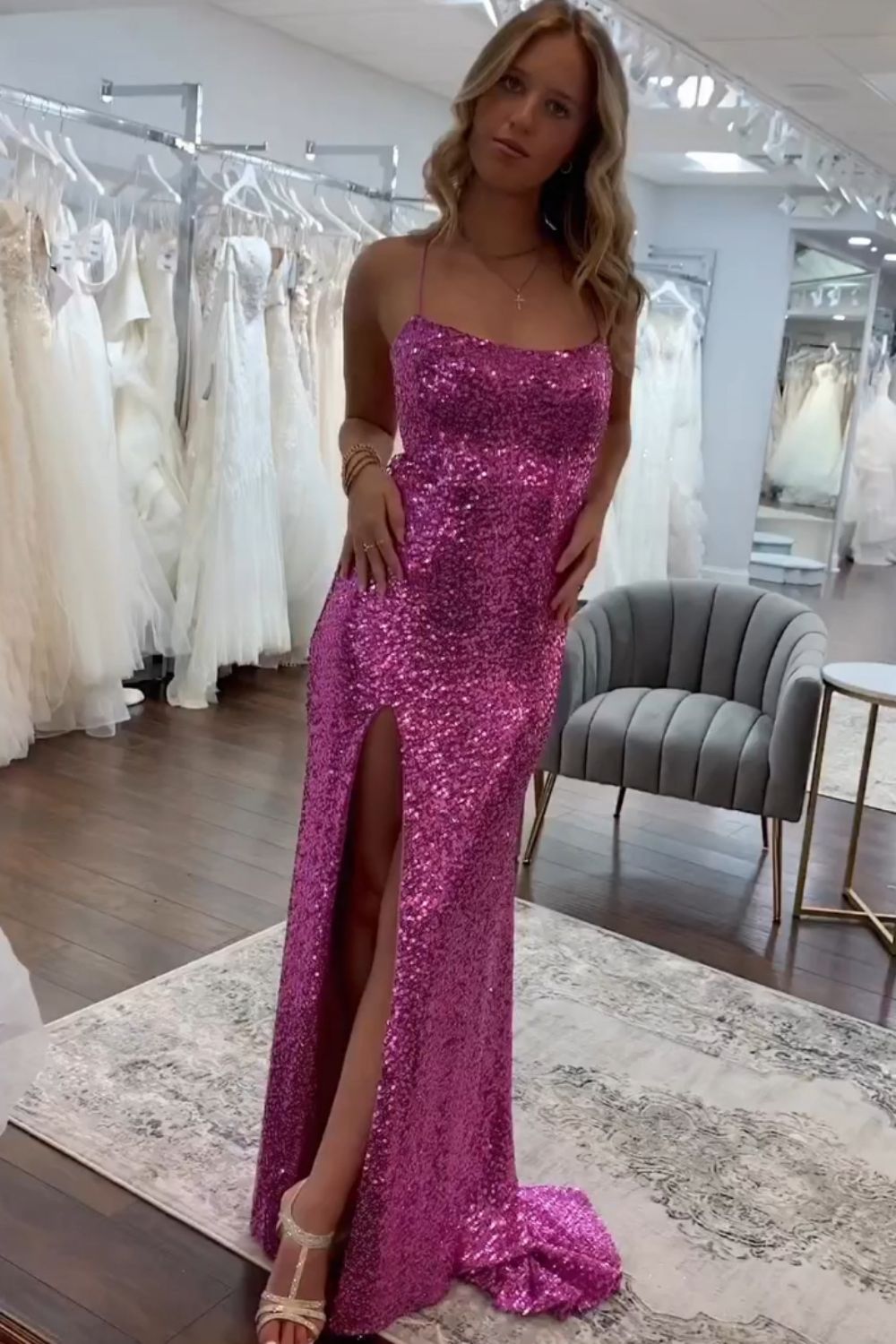 Sparkly Sequin Mermaid Spaghetti Straps Long Prom Dress With Split