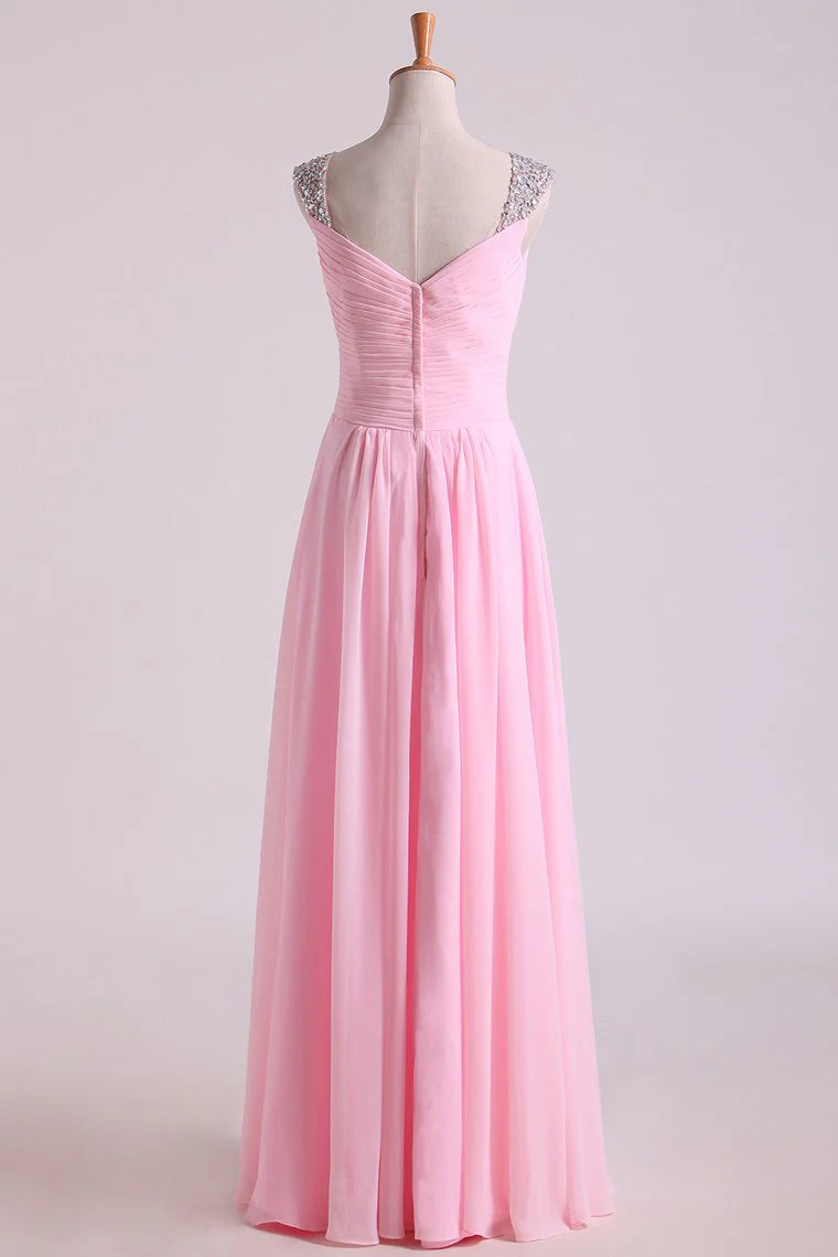 Party Dresses Beaded Straps Chiffon Floor Length With Ruffles