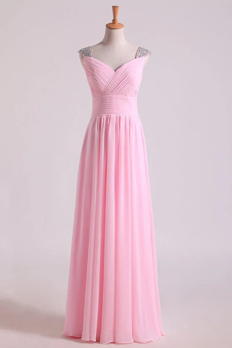 Party Dresses Beaded Straps Chiffon Floor Length With Ruffles