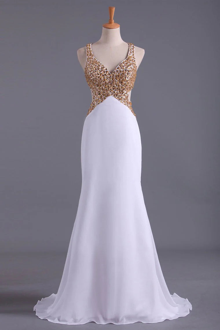 Party Dresses Open Back Sheath/Column With Golden Beading Chiffon