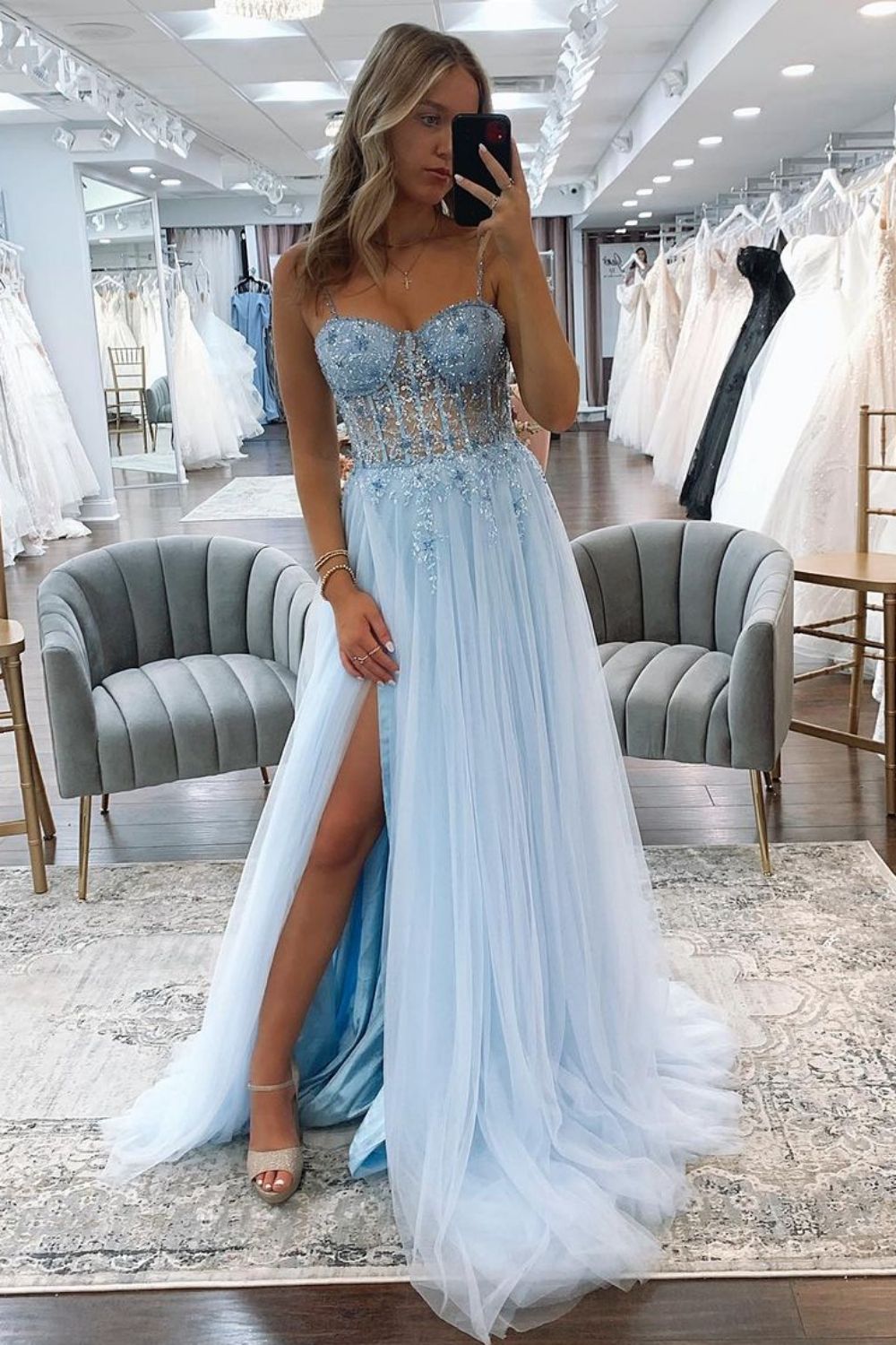 Stunning A Line Blue Spaghetti Straps Long Tulle Prom Dress with Beading