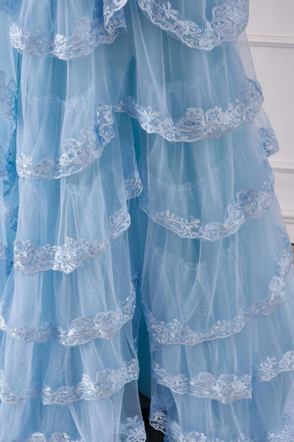 Stunning Light Blue Spaghetti Straps A-Line Long Tiered Prom Dress With Appliques