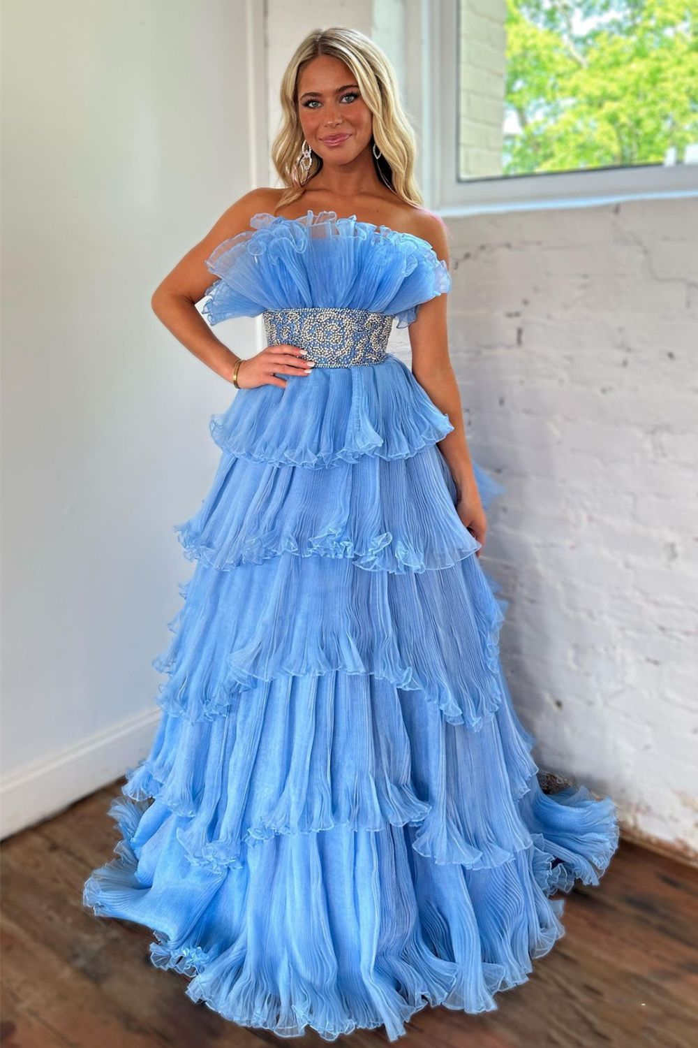 Newly Blue A Line Strapless Long Tiered Prom Dress With Beaded Belt