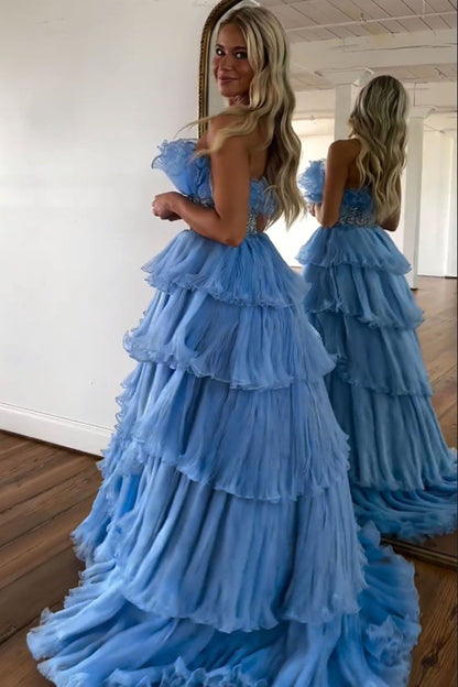 Newly Blue A Line Strapless Long Tiered Prom Dress With Beaded Belt