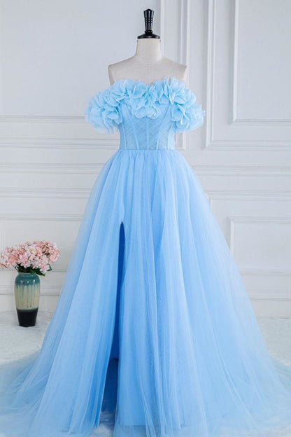 Sweet Blue A-Line Strapless Long Tulle Prom Dress With 3D Flowers