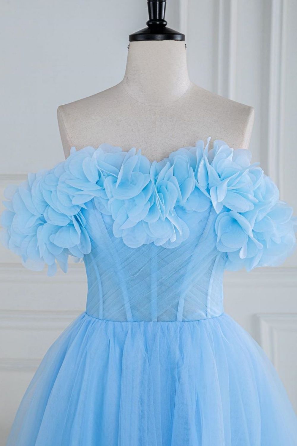 Sweet Blue A-Line Strapless Long Tulle Prom Dress With 3D Flowers