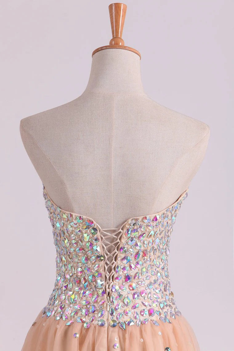 A-Line Party Dress With Colorful Rhinestone Beaded Bodice Tulle