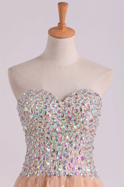 A-Line Party Dress With Colorful Rhinestone Beaded Bodice Tulle