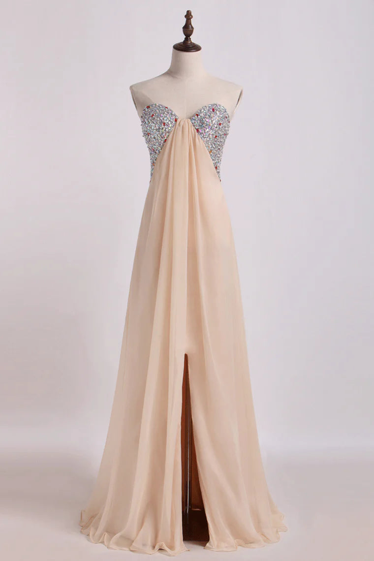 A Line Party Dresses Chiffon With Slit&Beads Floor Length