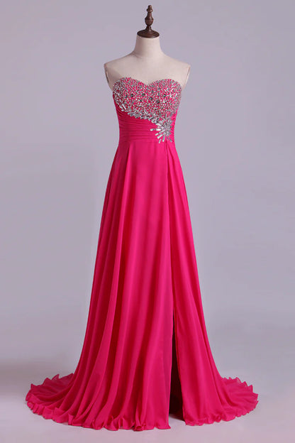 Sweetheart Beaded Bust Party Dresses A-Line Sweep Train Chiffon