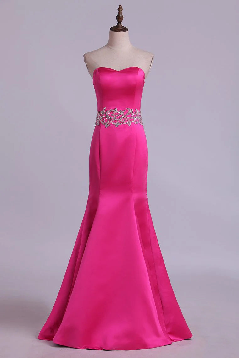 Sweetheart Mermaid Party Dresses Beaded Waistband Floor Length Satin