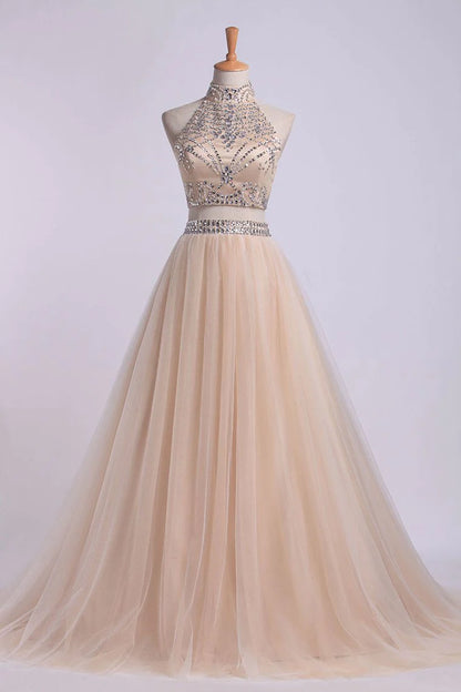 Two-Piece High Neck Party Dresses A Line Tulle With Beading