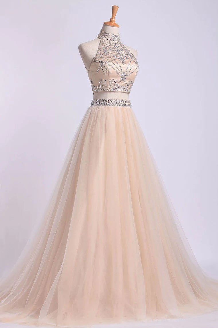 Two-Piece High Neck Party Dresses A Line Tulle With Beading