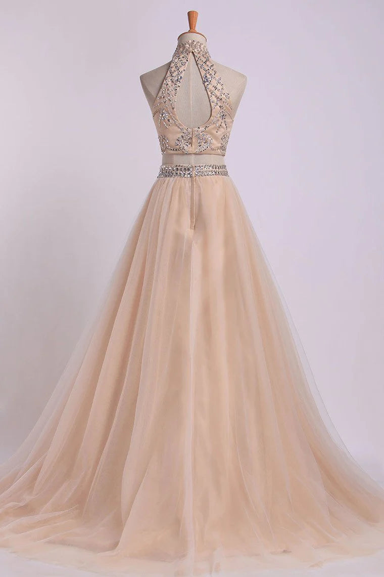 Two-Piece High Neck Party Dresses A Line Tulle With Beading