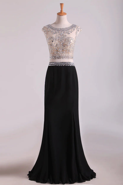 Two-Piece Scoop Column Party Dresses Beaded Bodice Chiffon