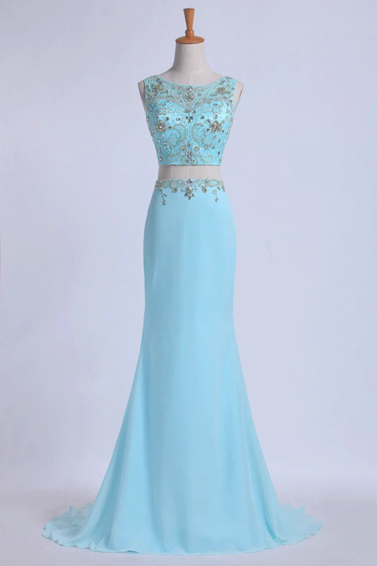 Two Pieces Party Dresses Scoop Sheath With Beading Sweep Train