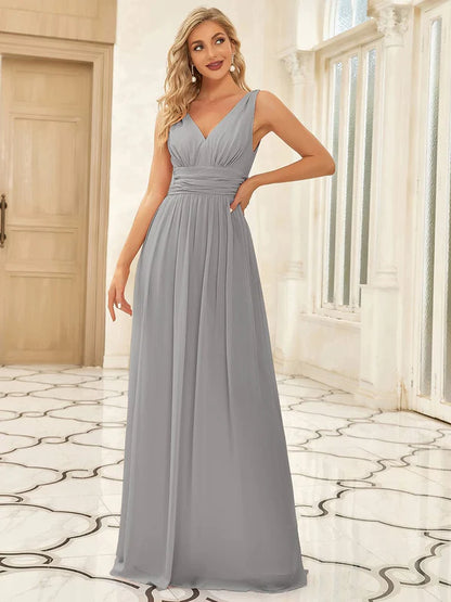 Sleeveless V-Neck Plain Chiffon Maxi Bridesmaid Dress