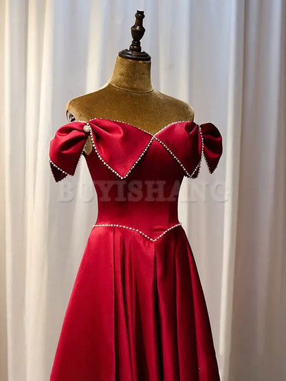 Buyishang Unique Burgundy Satin Long Prom Dress A line Blue Formal Graduation Party Dress prom dresses shops