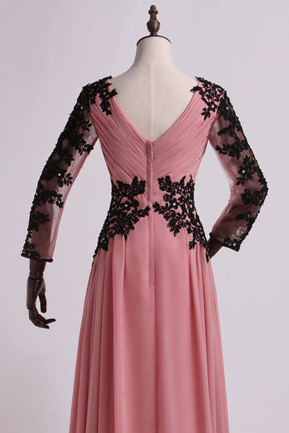 V Neck Party Dresses A Line Floor Length Chiffon With Applique