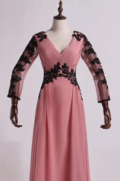 V Neck Party Dresses A Line Floor Length Chiffon With Applique