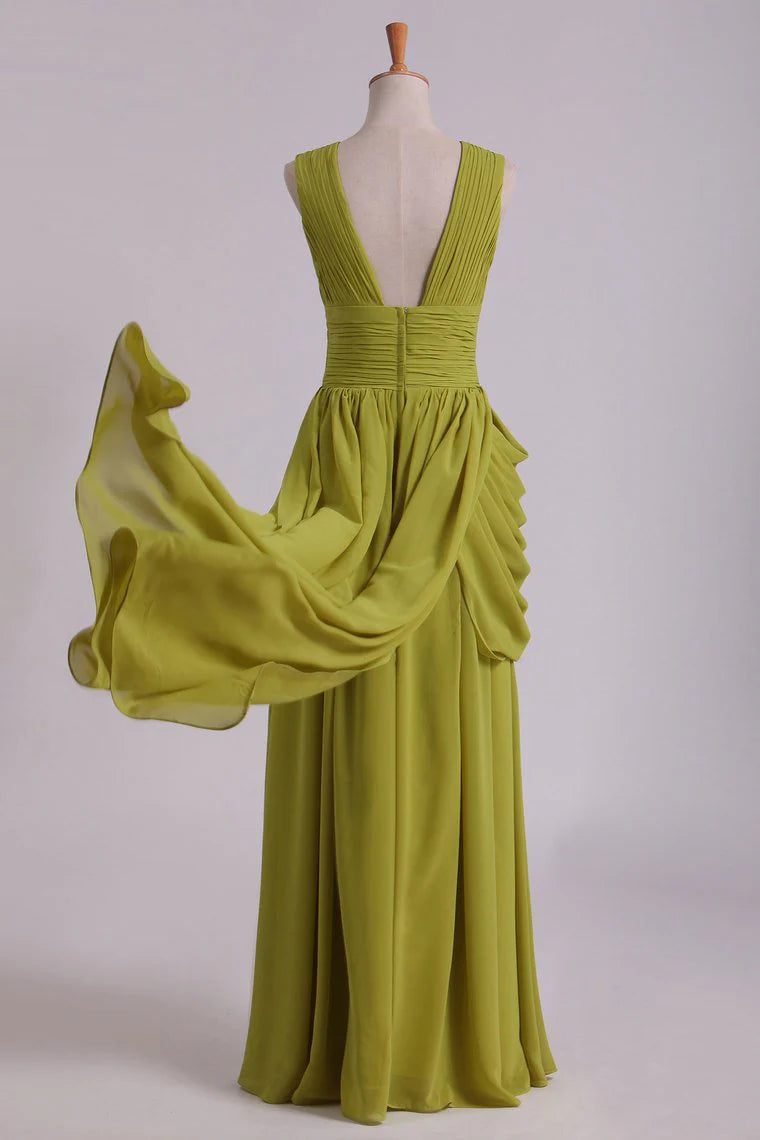 V-Neck Party Dresses A-Line Floor-Length Chiffon With Slit