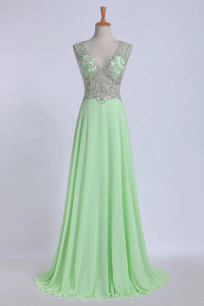 V-Neck Party Dresses A-Line/Princess With Beads Chiffon&Tulle