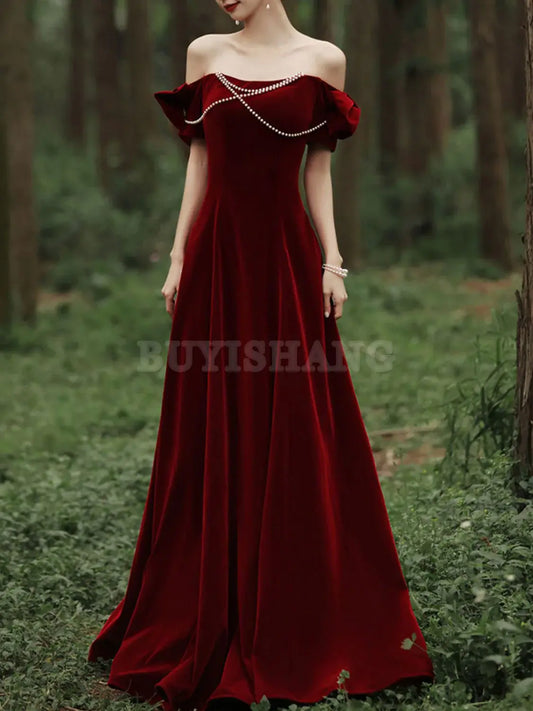 Buyishang Velvet A Line Burgundy Long Prom Dress Burgundy Formal Evening Dresses prom dresses shops