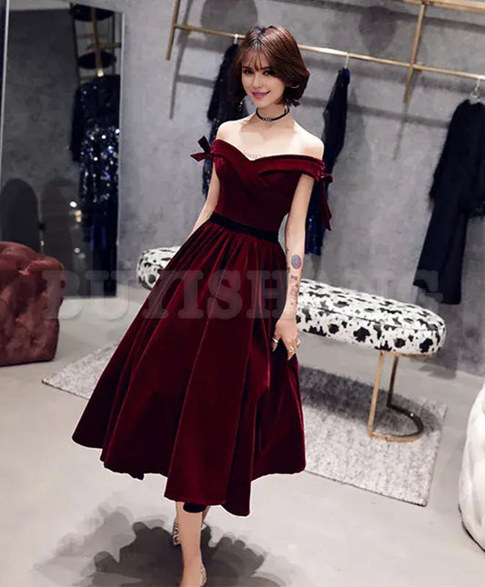 Buyishang Velvet Off Shoulder Burgundy Prom Dresses Velvet Homecoming Dresses prom dress in store