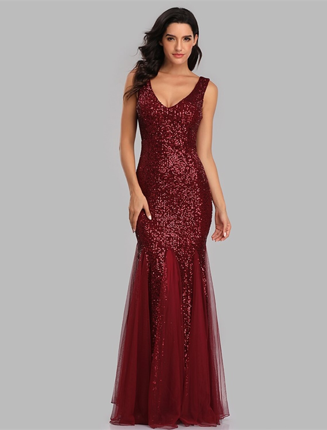 Mermaid / Trumpet Evening Gown Sparkle Dress Wedding Guest Party Wear Floor Length Sleeveless V Neck Sequined with Sequin