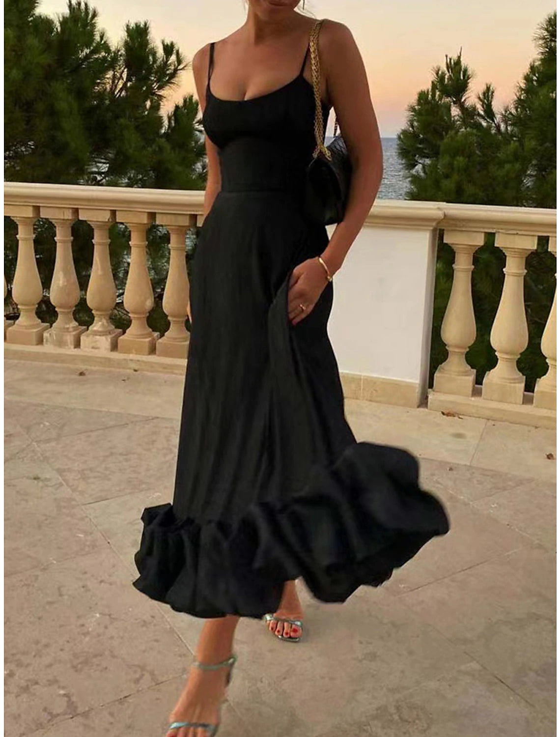 Women's Prom Dress Party Dress Swing Dress Long Dress Maxi Dress Black White Blue Sleeveless Pure Color Ruched Summer Spring Autumn Spaghetti Strap Party Evening Party Wedding Guest Summer Dress