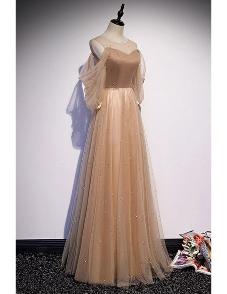 Elegant Cold Shoulder Champagne Aline Prom Dress with Beadings