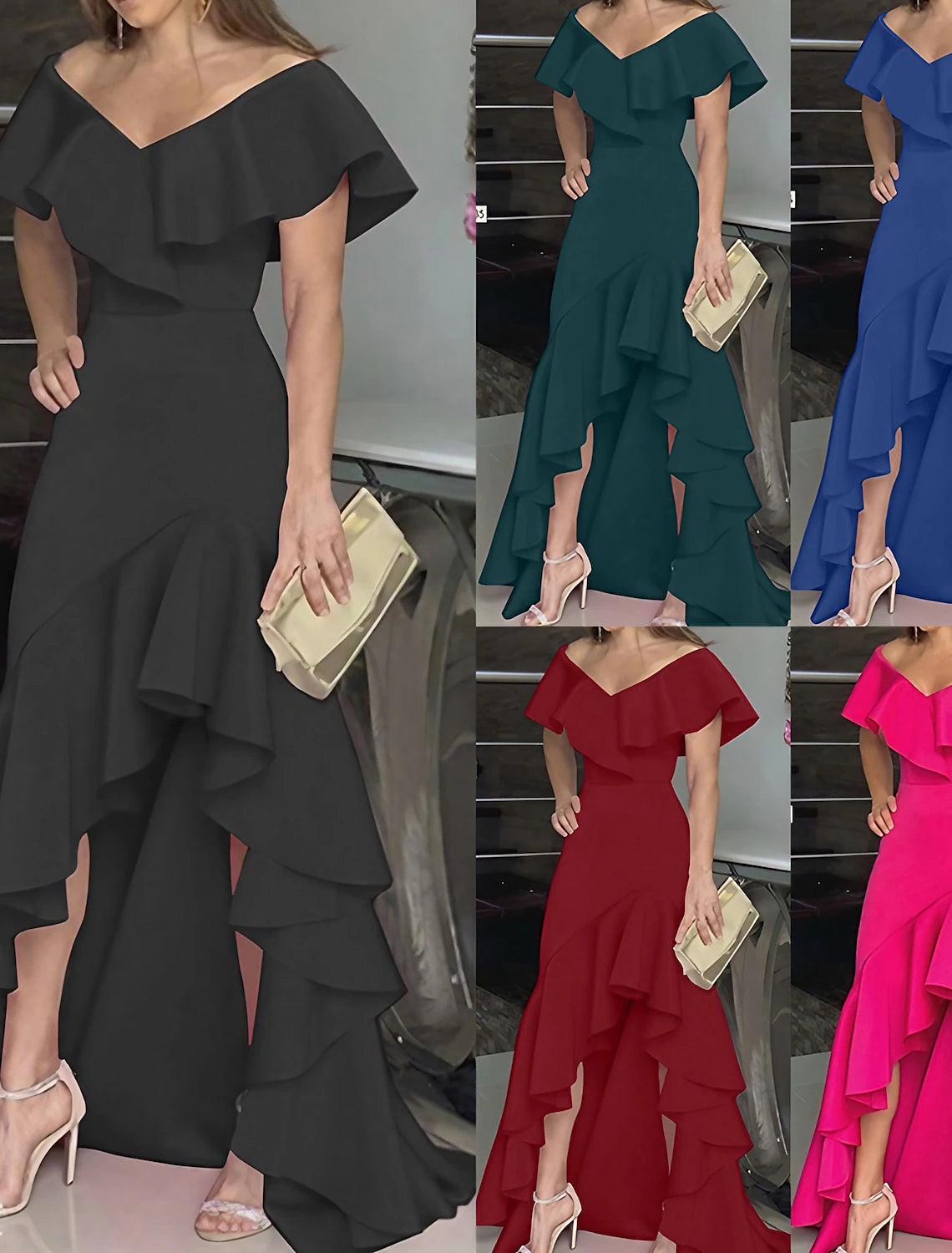 Women's Party Dress Maxi long Dress Green Black Wine Fuchsia Dark Blue Short Sleeve Pure Color Ruffle Plus High Low Fall Spring V Neck Elegant Formal Party