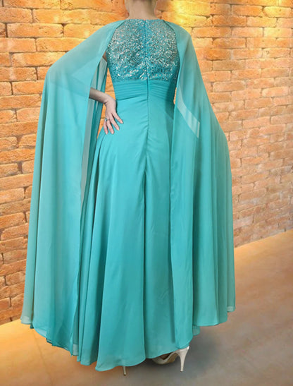 A-Line Evening Gown Elegant Dress Wedding Guest Wedding Party Floor Length Short Sleeve Jewel Neck Capes Chiffon with Appliques Shawl