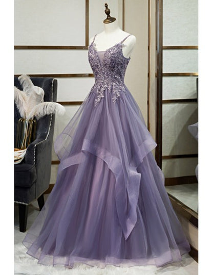 Beautiful Purple Ruffled Prom Dress with Appliques