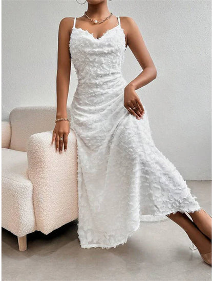 Weitese Women's Prom Dress Party Dress Feather Dress Long Dress Maxi Dress White Sleeveless Plain Backless Summer Spring Fall Spaghetti Strap Elegant Wedding Guest Birthday Evening Party