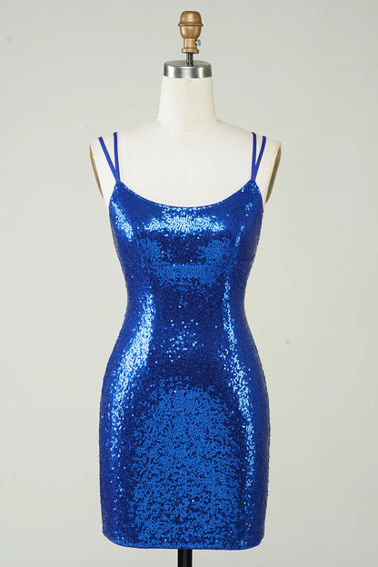 Royal Blue Tight Sequins Backless Homecoming Dress