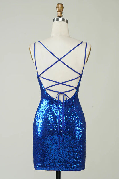 Royal Blue Tight Sequins Backless Homecoming Dress