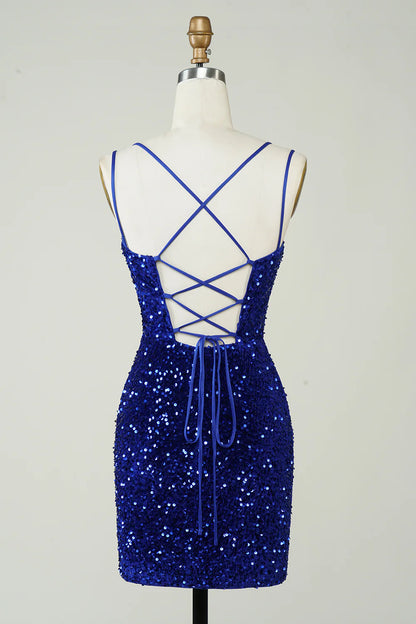 Sheath Royal Blue Sequins Short Homecoming Dress with Criss Cross Back