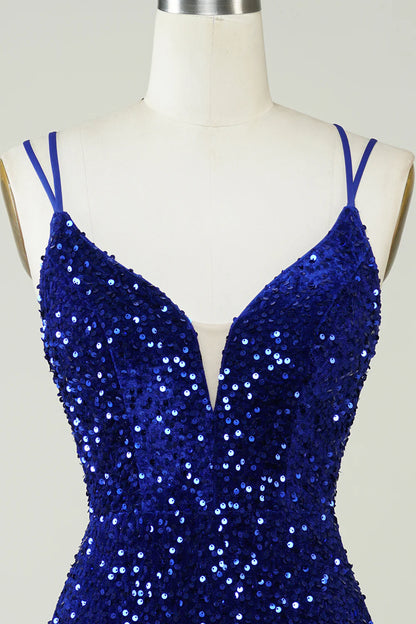 Sheath Royal Blue Sequins Short Homecoming Dress with Criss Cross Back