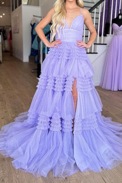 Gorgeous A Line Spaghetti Straps Lilac Long Prom Dress with Ruffles