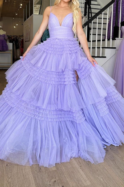 Gorgeous A Line Spaghetti Straps Lilac Long Prom Dress with Ruffles